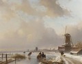Skaters on the ice by windmills, a koek and zopie in the distance - Andreas Schelfhout