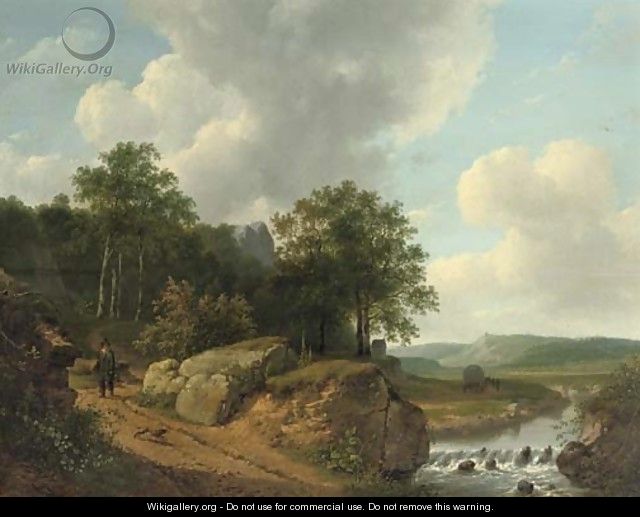 An extensive landscape with a traveller approaching a stream - Andreas Schelfhout