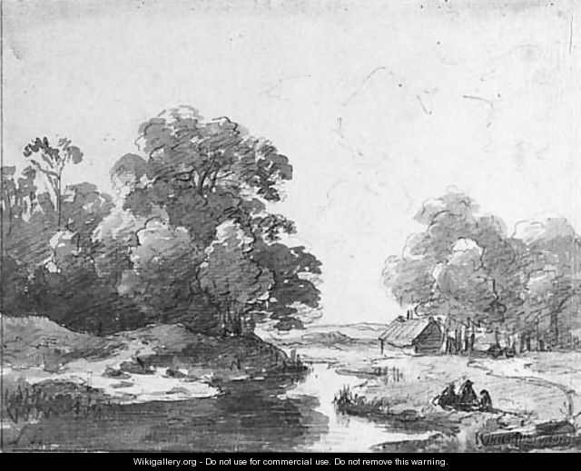 A wooded landscape with figures resting by a pond, a farm beyond - Andreas Schelfhout