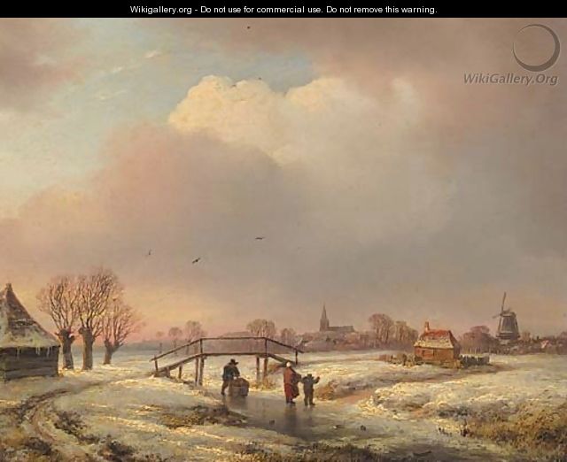 A winter landscape with figures on a frozen waterway - Andreas Schelfhout