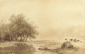 A river landscape with cattle on a path - Andreas Schelfhout