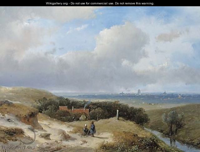 A panoramic summer landscape with travellers resting in the dunes - Andreas Schelfhout