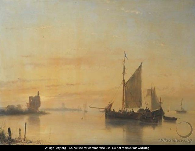 A calm sailing vessels at anchor on the Merwede river with Dordrecht beyond - Andreas Schelfhout