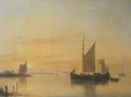 A calm sailing vessels at anchor on the Merwede river with Dordrecht beyond - Andreas Schelfhout