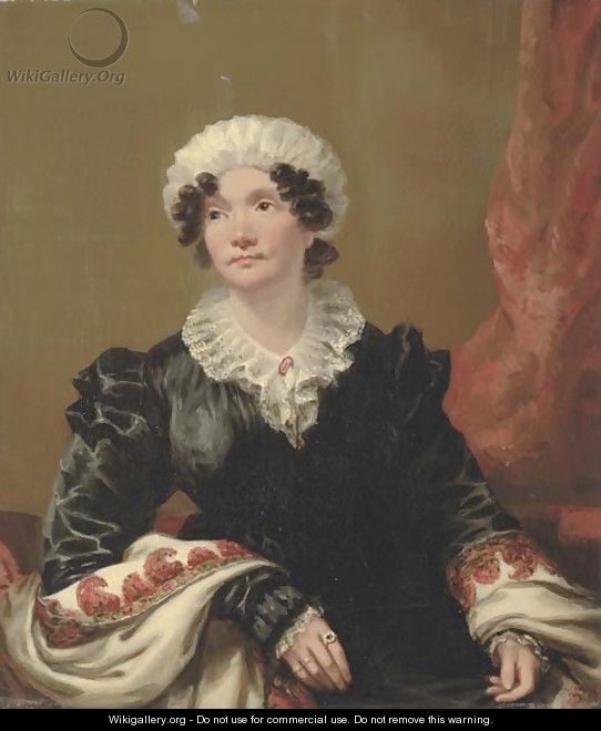 Portrait of a lady, small half-length, seated, in a black dress with shawl and white mob cap - Andrew Geddes