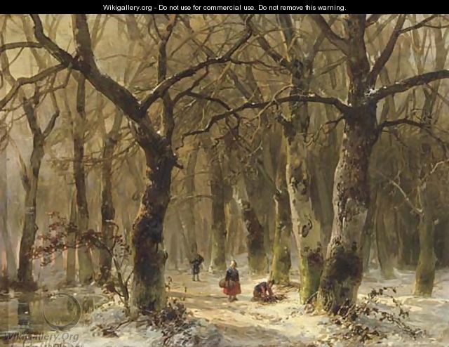 Woodgatherers on a forest path in winter - Andreas Schelfhout