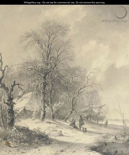 Winter sportsmen on the edge of a forest - Andreas Schelfhout