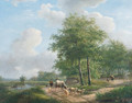 Walking along a sunlit path in the countryside - Andreas Schelfhout