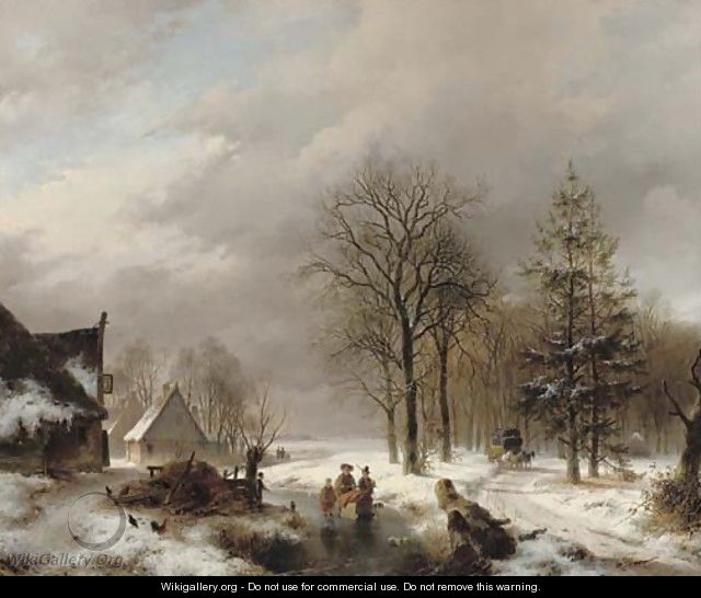 Villagers on the ice by farmhouses, a diligence approaching - Andreas Schelfhout