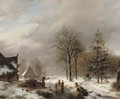 Villagers on the ice by farmhouses, a diligence approaching - Andreas Schelfhout