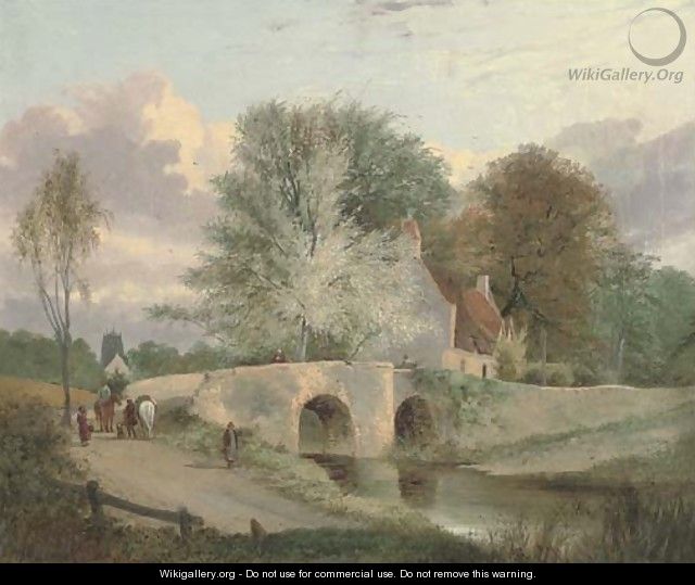 Figures on a bridge with a cottage beyond - Alfred Stannard