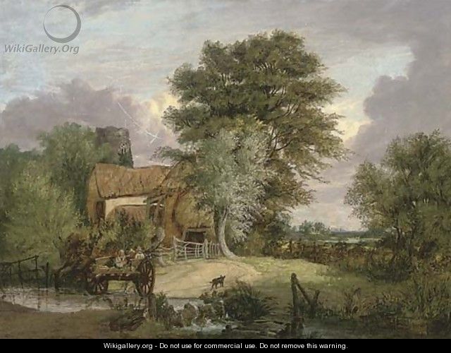 A wooded landscape with figures in a cart crossing a ford, a cottage and ruined tower beyond - Alfred Stannard
