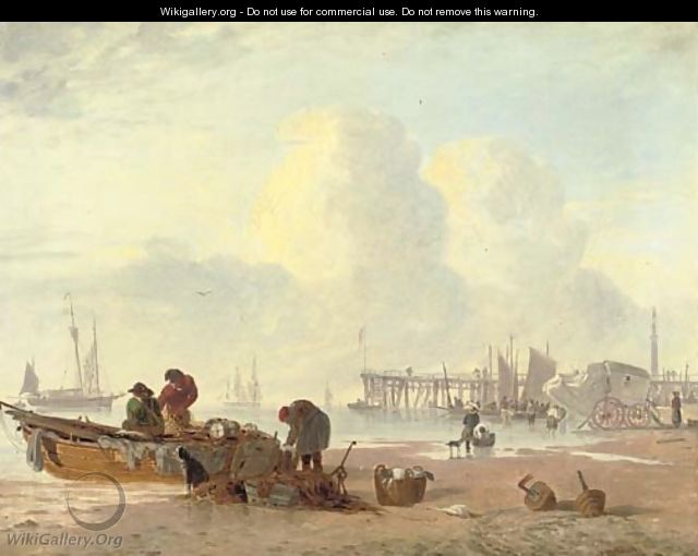A coastal scene with fisherfolk in the foreground - Alfred Stannard
