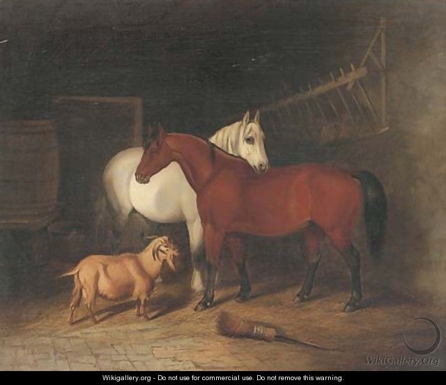 Two horses and a goat in a stable - Alfred Wheeler