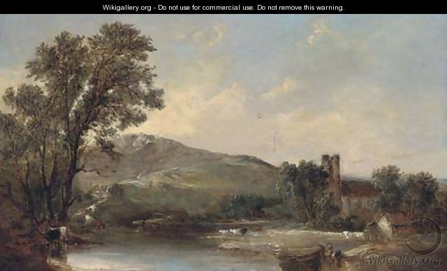 Cattle watering by a church in a river landscape - Alfred Vickers