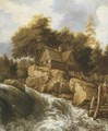 A rocky Nordic landscape with peasants on a path by a waterfall, before a cottage - Allaert van Everdingen