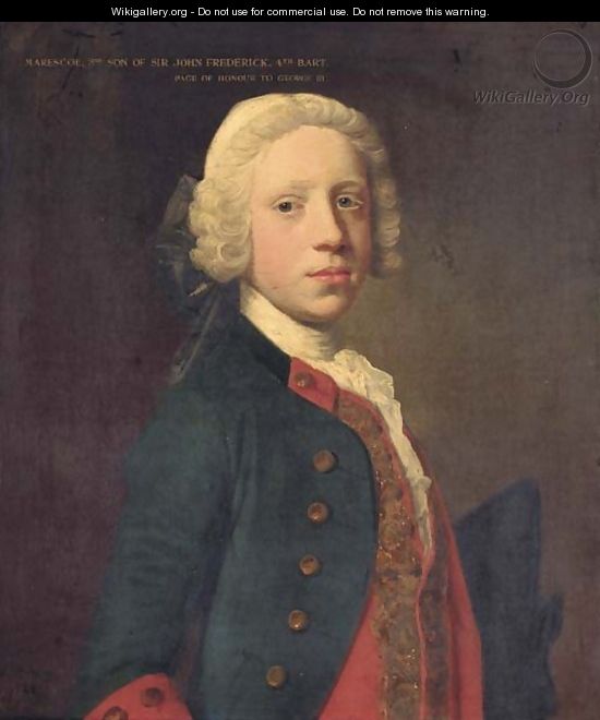 Portrait of Marescoe Frederick, half-length, in a blue military coat and red waistcoat, holding a tricorn - Allan Ramsay