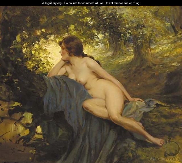 A reclining female nude in a sunlit glade - Allan Douglas Davidson