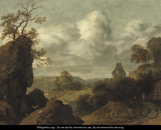 A rocky landscape with figures on a track, a castle beyond - Allaert van Everdingen