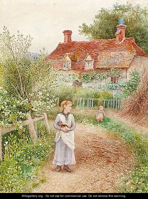 Children holding a cat before a cottage - Alice Squire