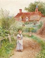 Children holding a cat before a cottage - Alice Squire