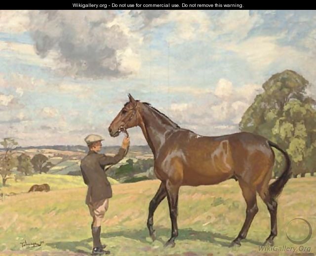 A hunter and groom in an extensive landscape - Algernon Talmage