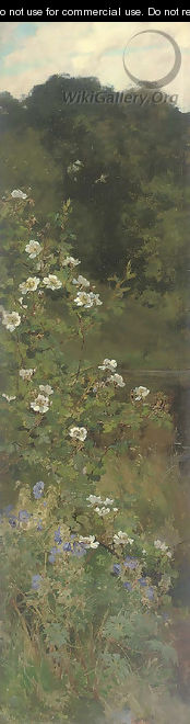 Geraniums and dog roses - Alfred Parsons