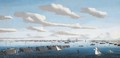 A panorama of Portsmouth harbour with hulks in line ahead and the fleet at anchor, including warships of the American and Spanish navies - Ambroise-Louis Garneray