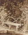 A rustic bench built of roots set among trees - Amelie Munier-Romilly