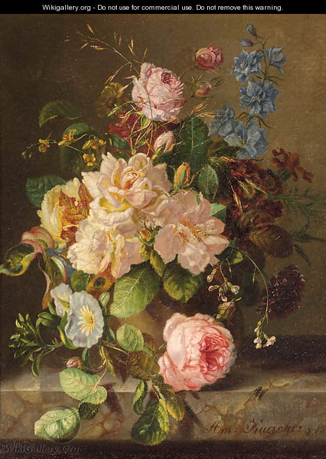 A still life with roses, primulas and morning glory - Amalie Kaercher