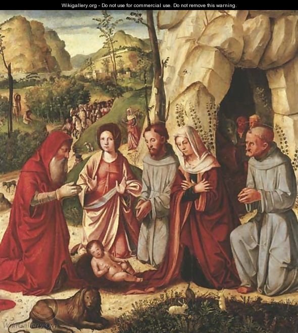 The Adoration of the Child with Saints Francis of Assisi, Jerome, Catherine of Alexandria and Bernardino of Siena, the Shepherds - Altobello Melone