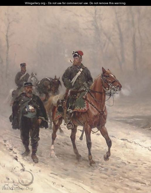 A Prussian hussar escorting a French prisoner on a winter track - Alphonse Marie de Neuville