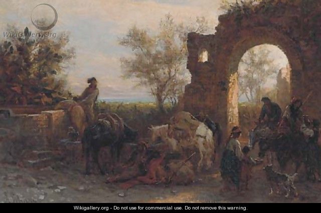 Travellers watering horses at a ruin - Alois Schonn