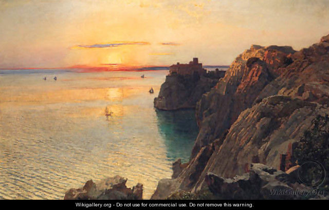 A Coastal Landscape With A Castle At Sunset, Trieste - Anton Hlavacek