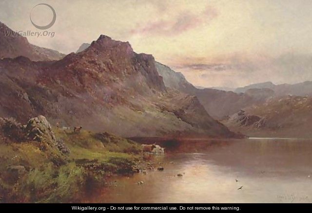 Cattle watering beside a highland loch - Alfred de Breanski