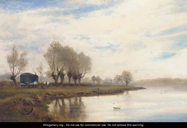 A misty morning on the tow path at Shepperton - Alfred de Breanski