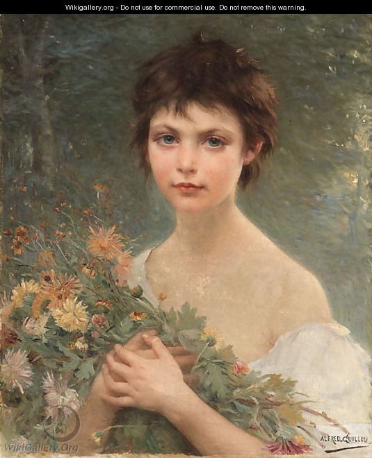 A young girl with wild flowers - Alfred Guillou