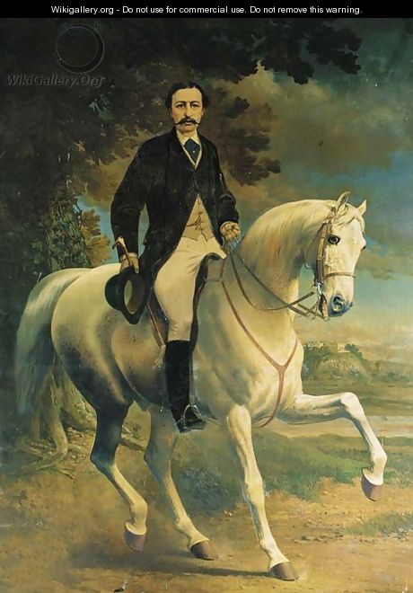 Equestrian Portrait of Henry Robert Clifton, on a grey horse, in a landscape, with Clifton Castle, Nottinghamshire, beyond - Alfred F. De Prades