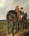 A horse held by a mounted groom, in a landscape - Alfred Dedreux