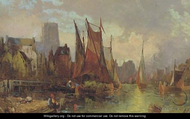 Hay barges in a continental port at dusk - Alfred Montague
