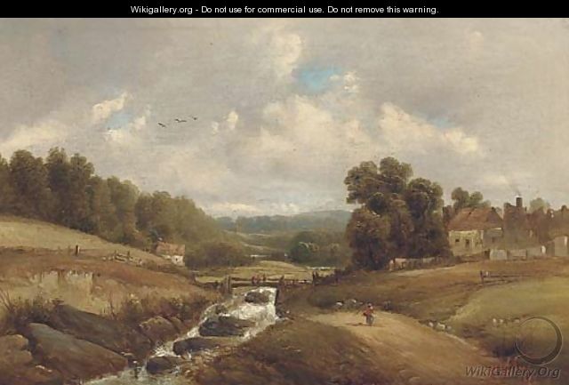 Figure on a track by a brook, with buildings beyond - Alfred Vickers