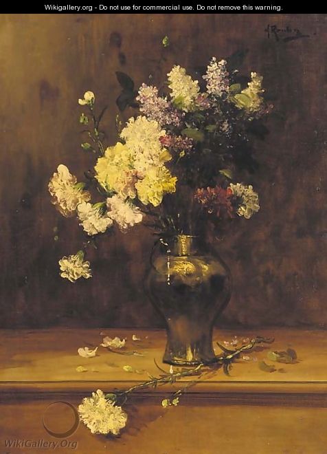 Geraniums and lilac in a copper vase - Alfred Rouby
