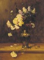 Geraniums and lilac in a copper vase - Alfred Rouby