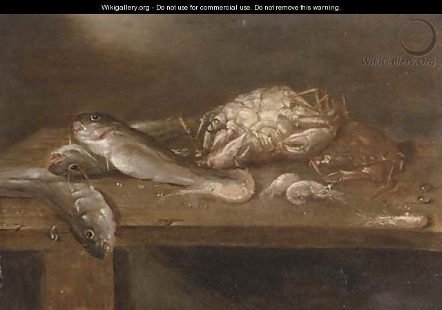 Crabs, pikes and shrimp on a wooden ledge - Alexander Adriaenssen