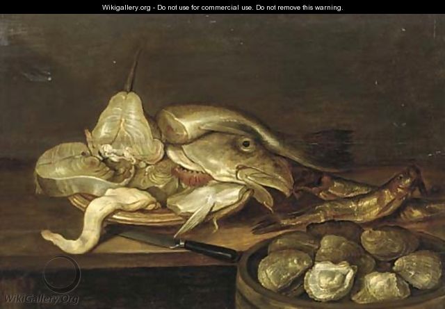 A bowl of clams with a plate of fish and oysters on a table - Alexander Adriaenssen