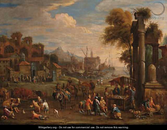Peasants by a Mediterranean harbour with classical ruins - Alexander van Bredael