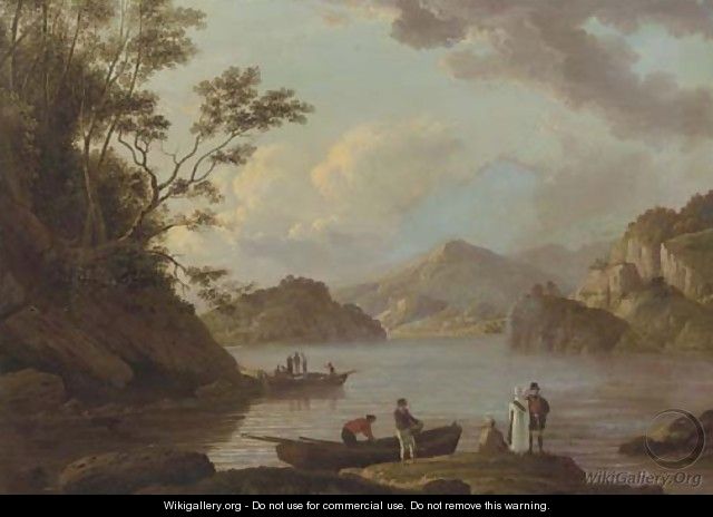 A view of Loch Lomond with figures and boats in the foreground - Alexander Nasmyth