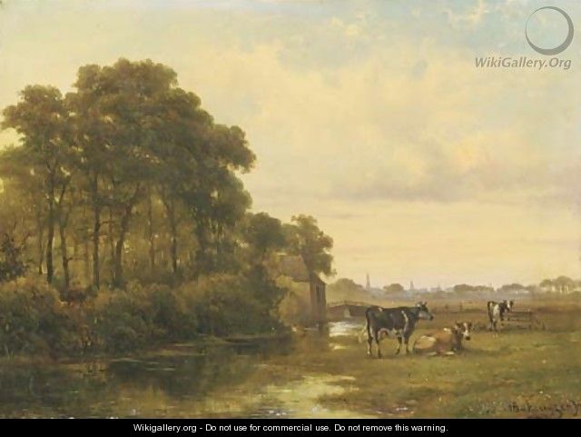 Cattle by a river, a town beyond - Alexander Hieronymus Jun Bakhuyzen