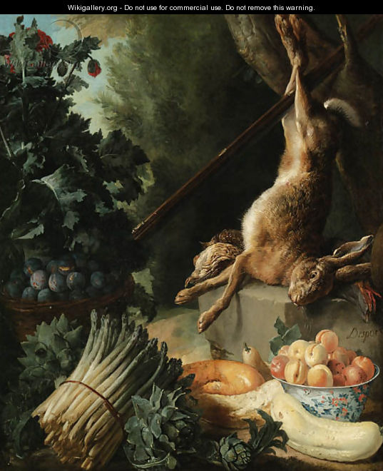 A hunting still life with a dead hare and game birds on a stone plinth with asparagus, artichokes, a cucumber and a pear - Alexandre-Francois Desportes
