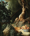 A hunting still life with a dead hare and game birds on a stone plinth with asparagus, artichokes, a cucumber and a pear - Alexandre-Francois Desportes